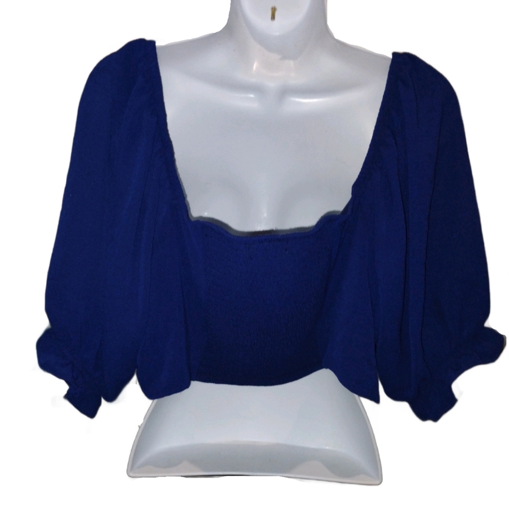 BCBG Paris Blue Gathered Back Puff Sleeve Bow Front Crop Top - Picture 9 of 12